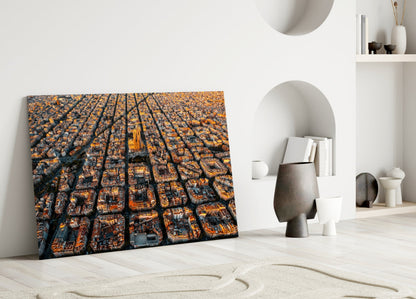 Golden Hour Aerial Barcelona City Grid Glass Wall Art