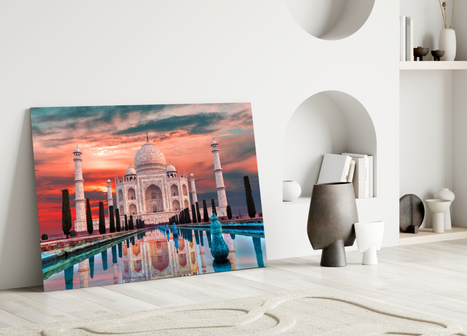 Fiery Crimson Sky Taj Mahal Mirror Pool Glass Wall Art