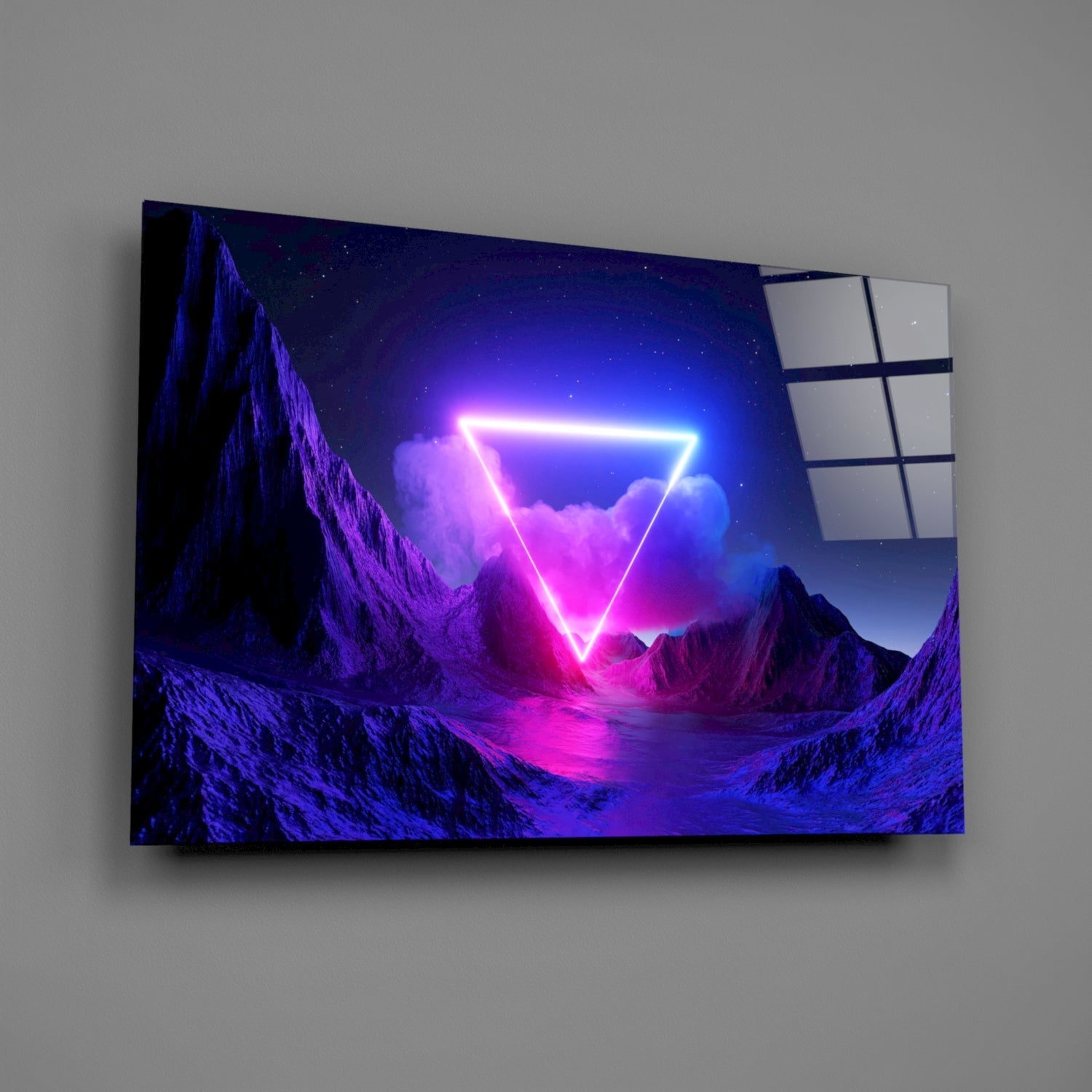 Neon Triangle Over Violet Peaks Glass Wall Art