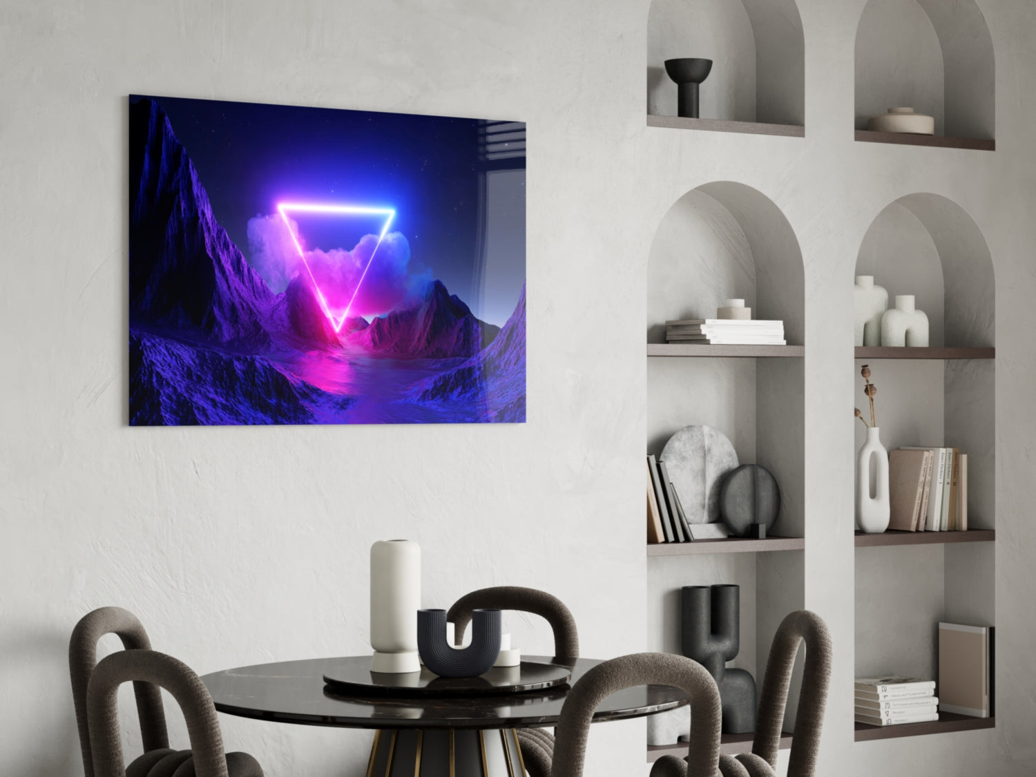 Neon Triangle Over Violet Peaks Glass Wall Art