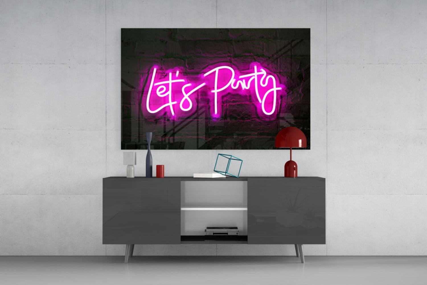 Pink Neon Lets Party Brick Glass Wall Art