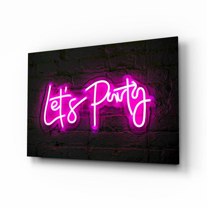 Pink Neon Lets Party Brick Glass Wall Art