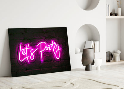 Pink Neon Lets Party Brick Glass Wall Art