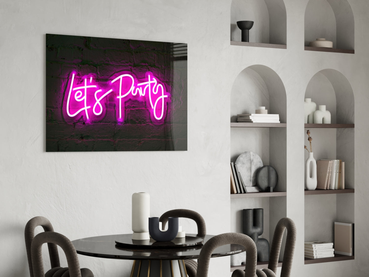 Pink Neon Lets Party Brick Glass Wall Art