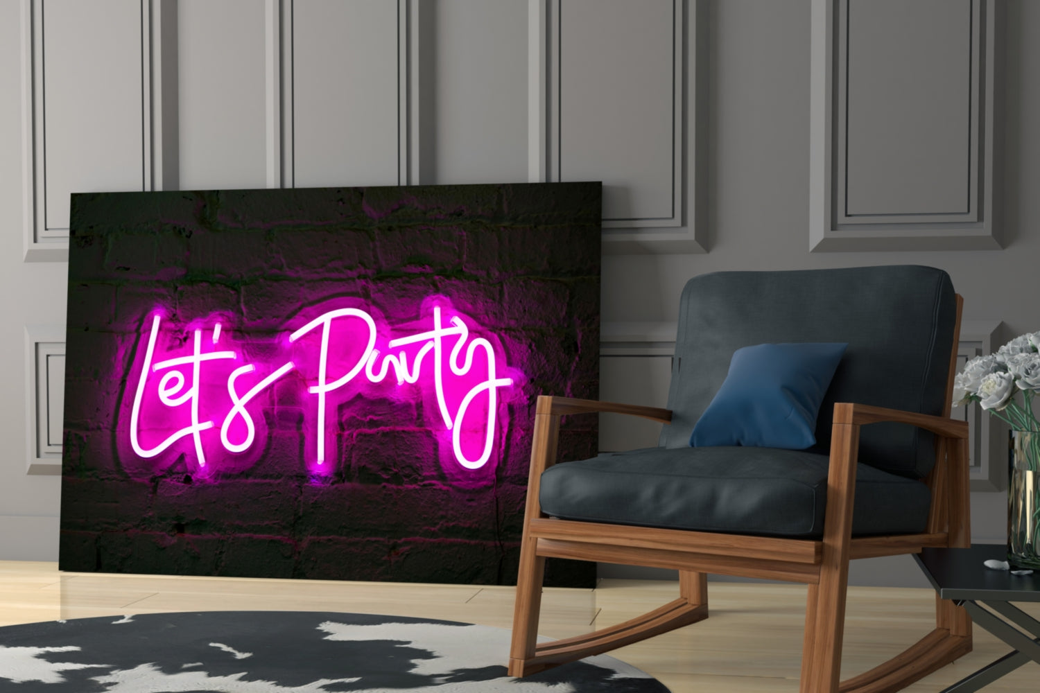 Pink Neon Lets Party Brick Glass Wall Art