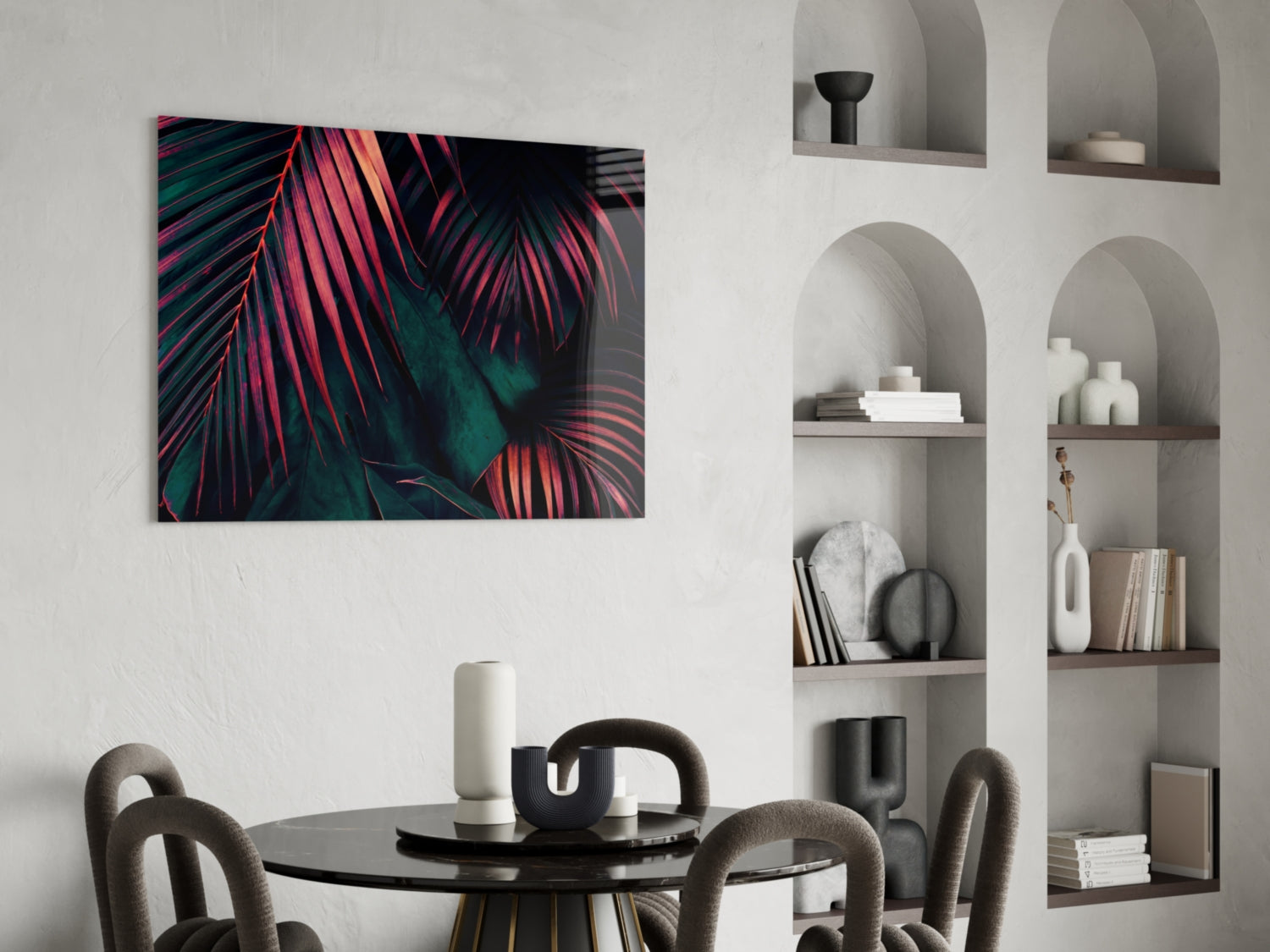 Crimson Palm Fronds Jungle Glass Wall Art