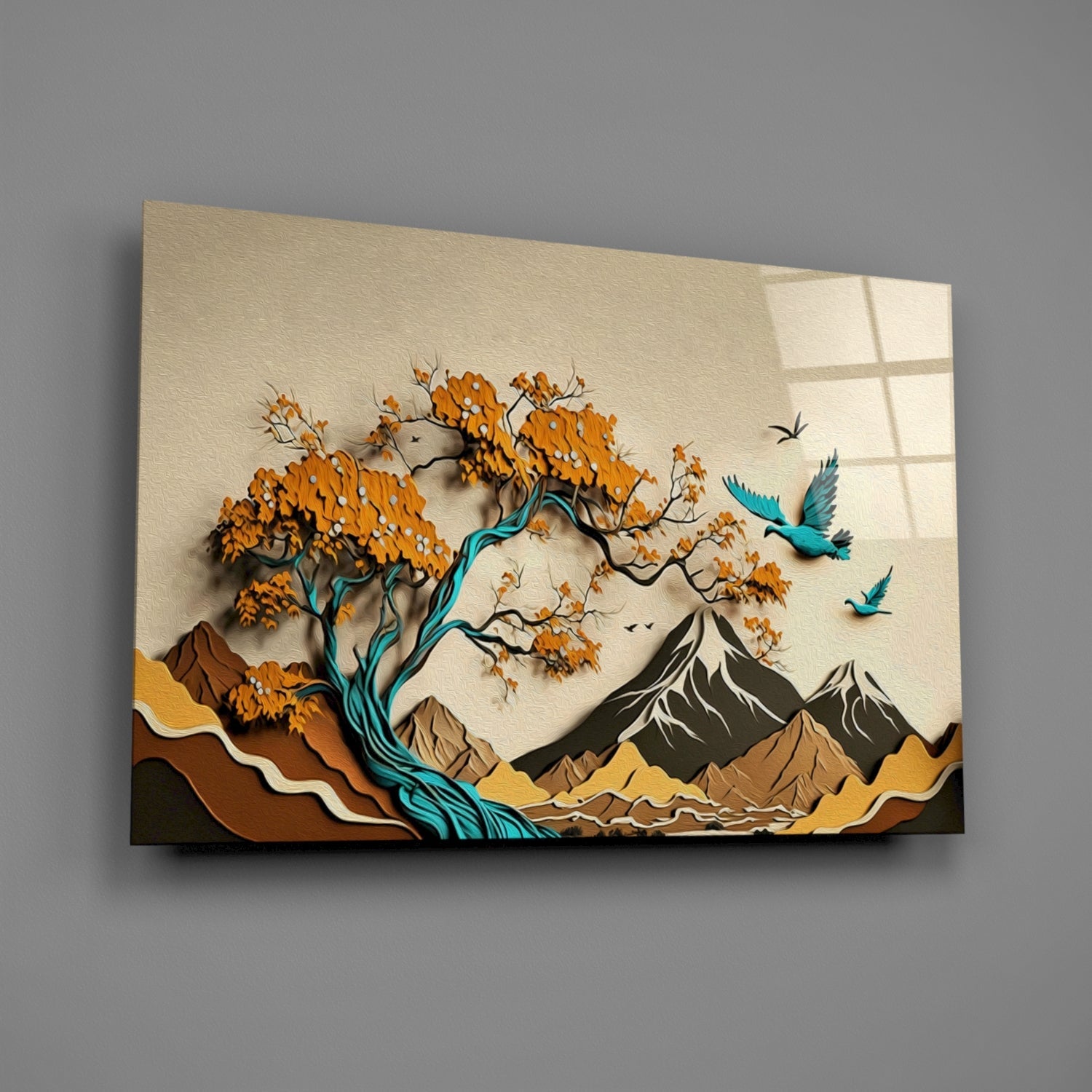 Orange Tree and Teal Birds Mountain Art Glass Wall Art