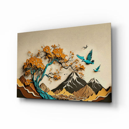 Orange Tree and Teal Birds Mountain Art Glass Wall Art