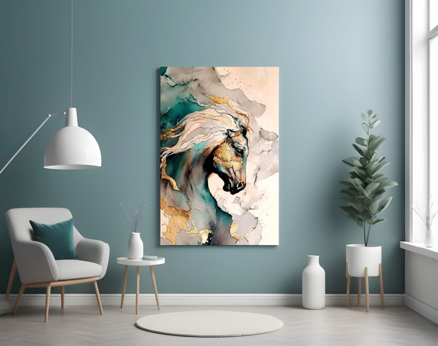 Teal and Gold Marble Horse Glass Wall Art