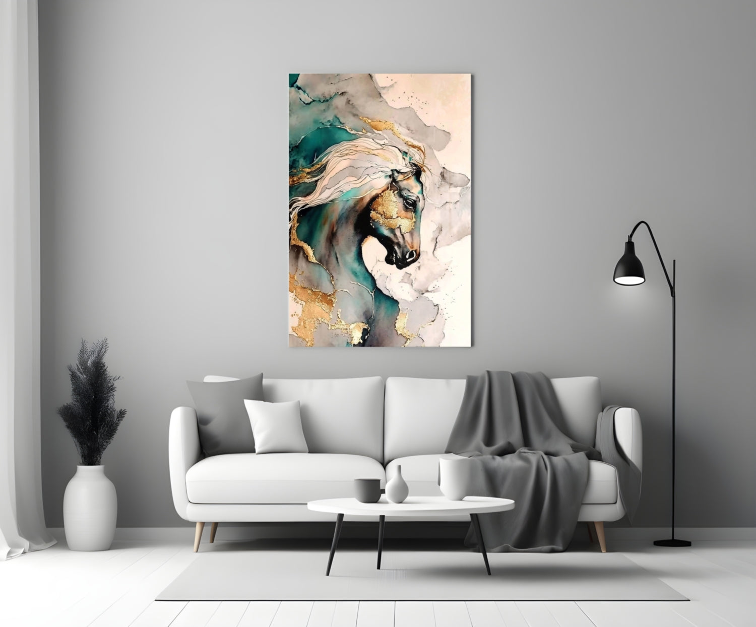 Teal and Gold Marble Horse Glass Wall Art