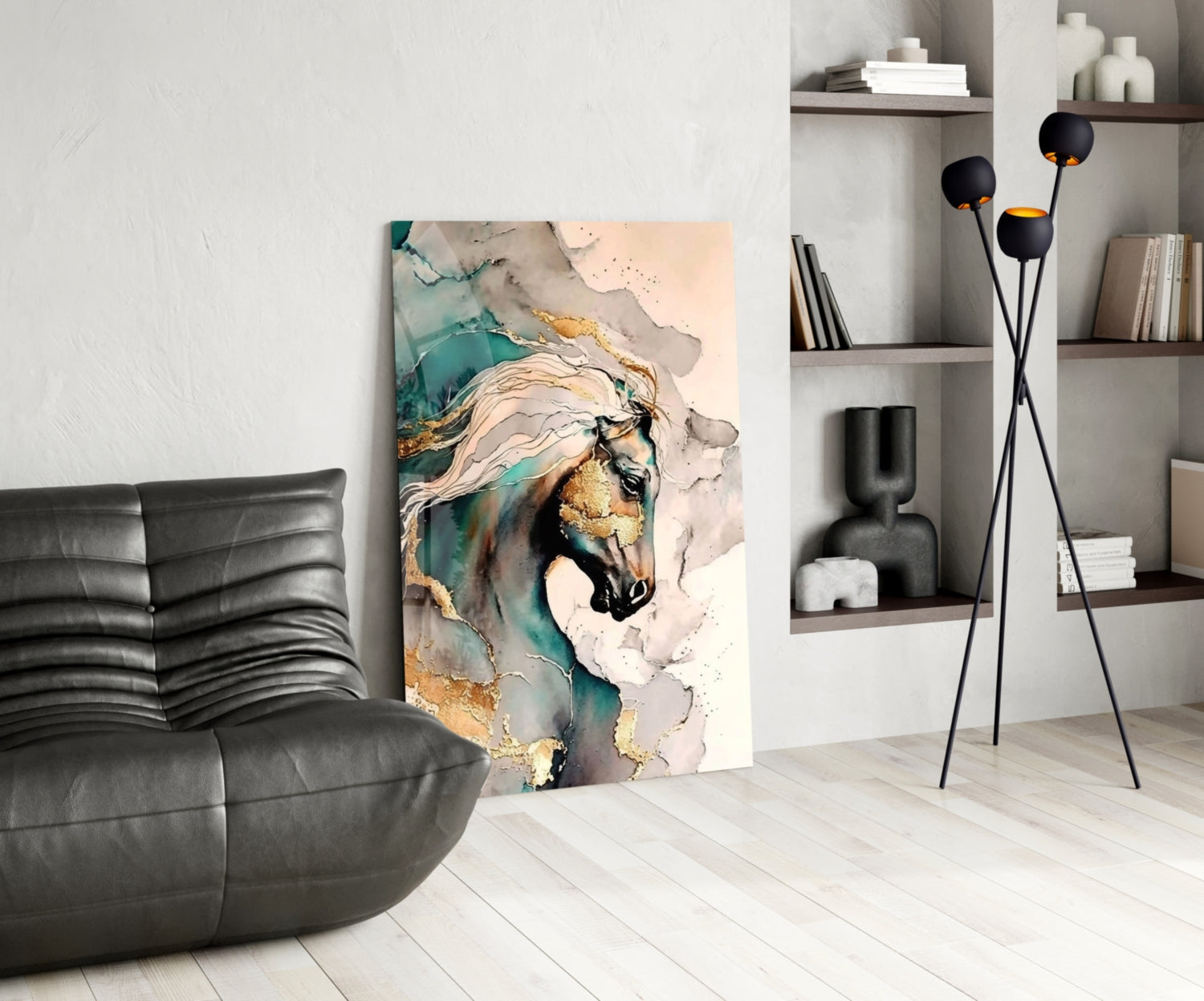 Teal and Gold Marble Horse Glass Wall Art