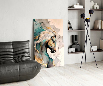 Teal and Gold Marble Horse Glass Wall Art