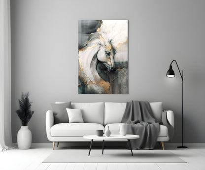 Black and Gold Marble Horse Glass Wall Art