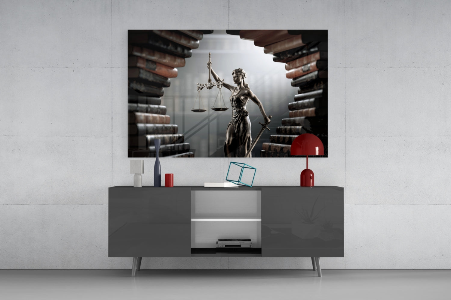 Law Book Tunnel Lady Justice Statue Glass Wall Art