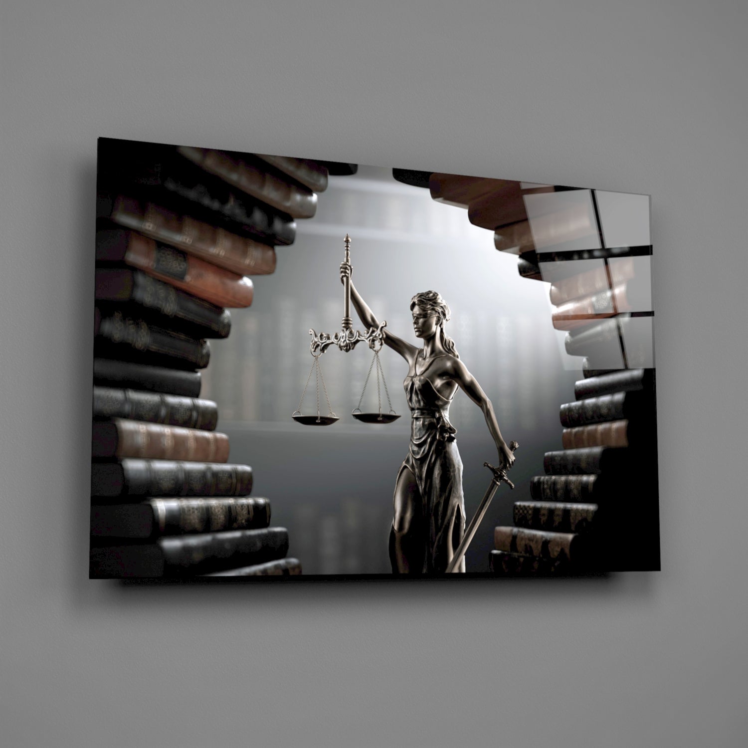 Law Book Tunnel Lady Justice Statue Glass Wall Art