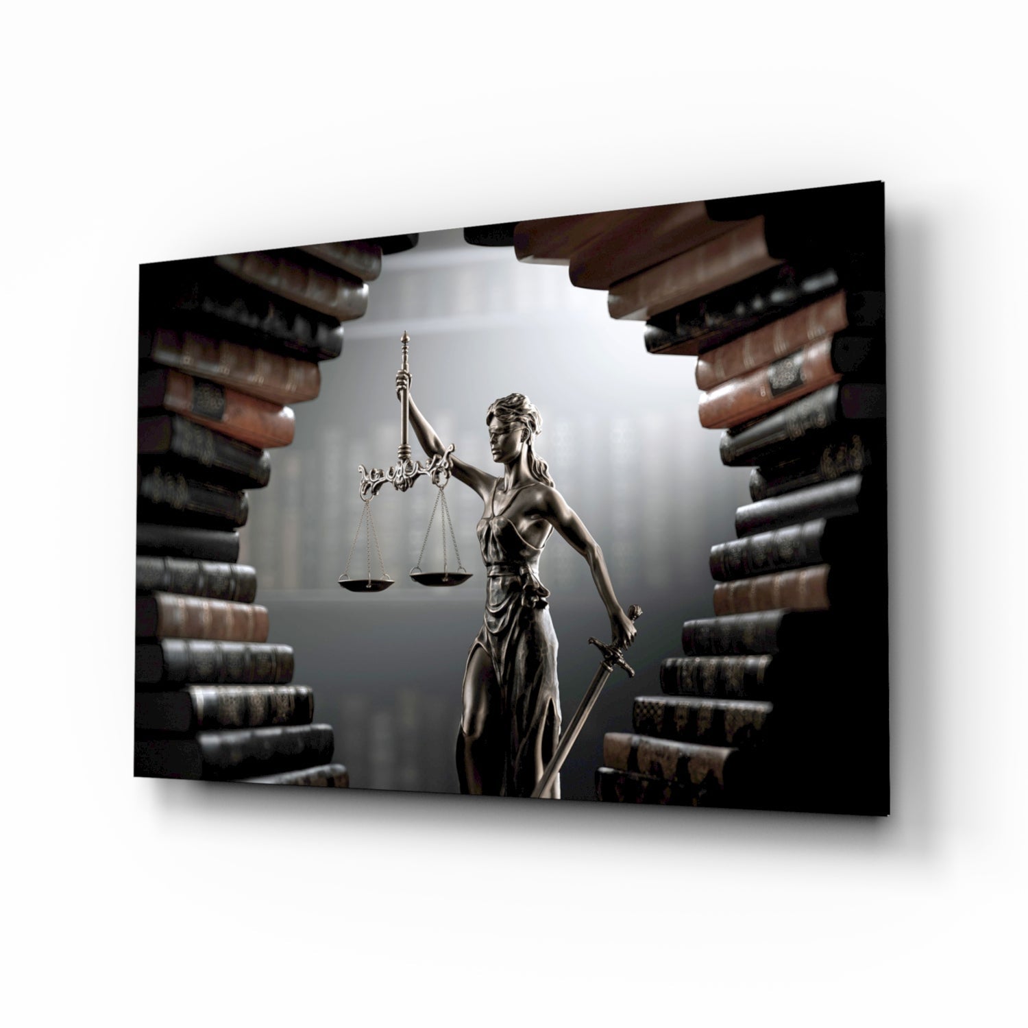 Law Book Tunnel Lady Justice Statue Glass Wall Art