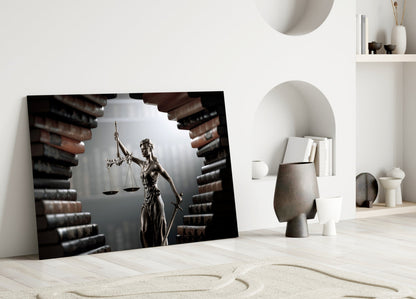 Law Book Tunnel Lady Justice Statue Glass Wall Art