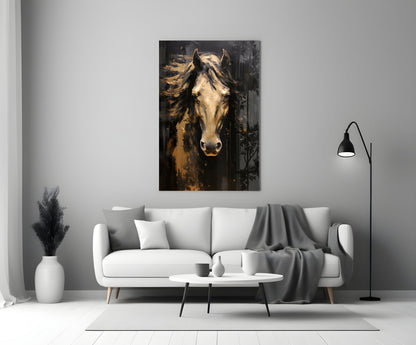 Golden Horse Head Black Glass Wall Art