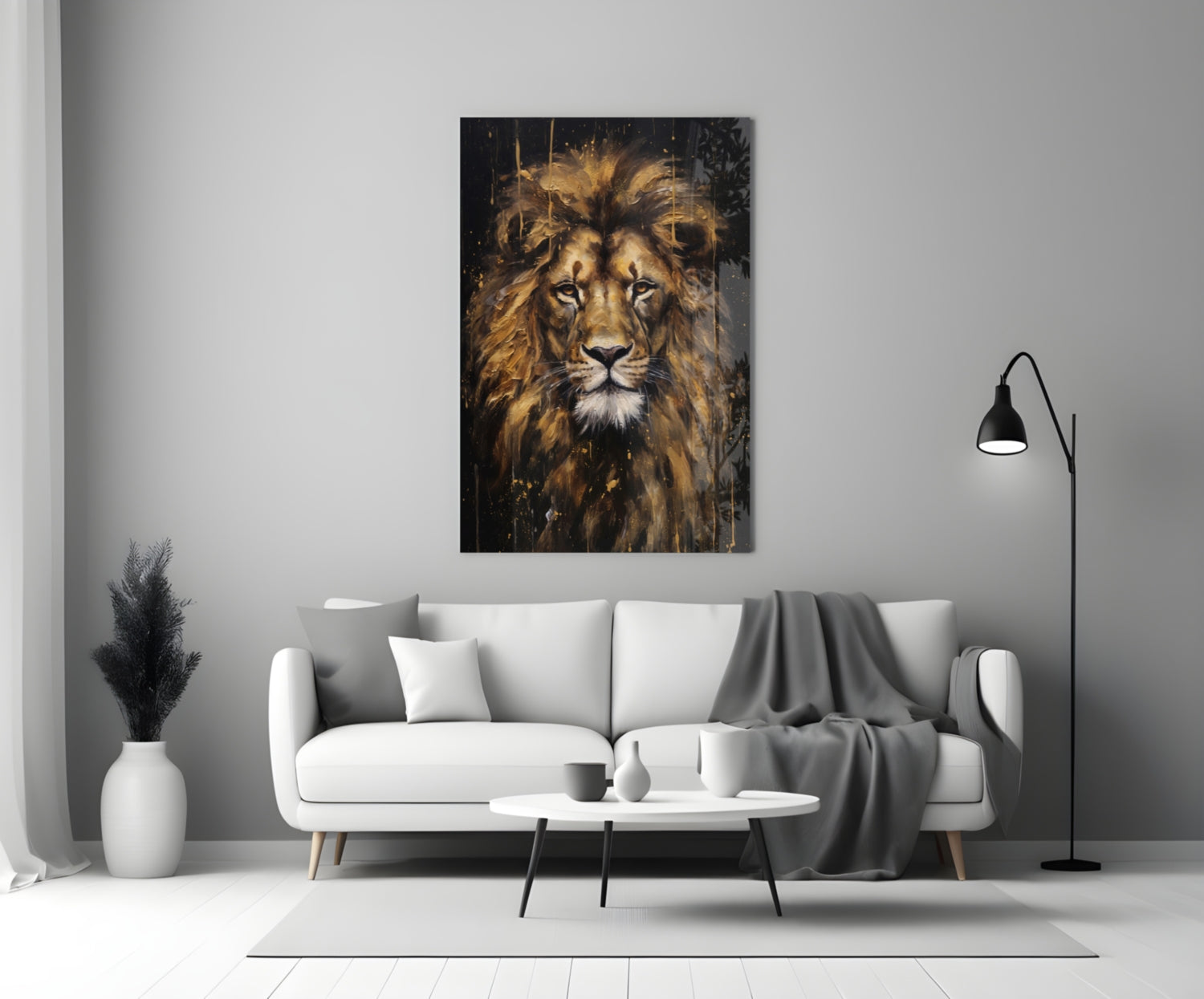 Gilded Paint Drip Lion Glass Wall Art