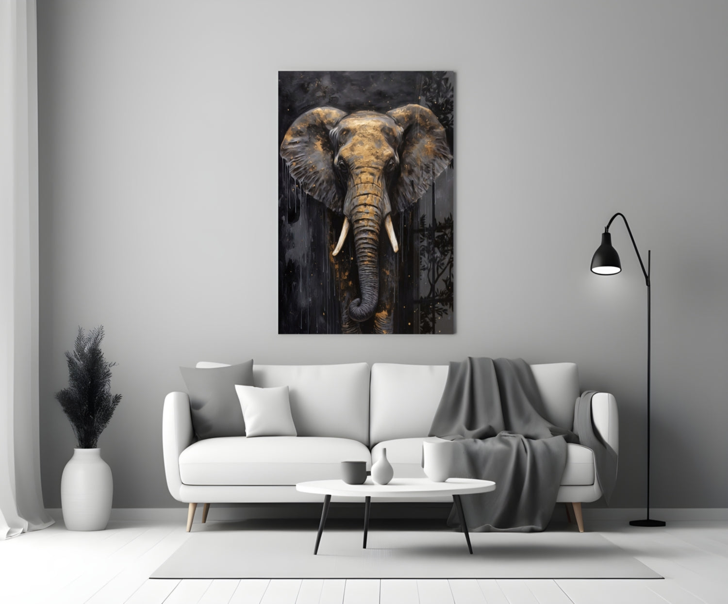 Gold Leaf Elephant Head Black Glass Wall Art