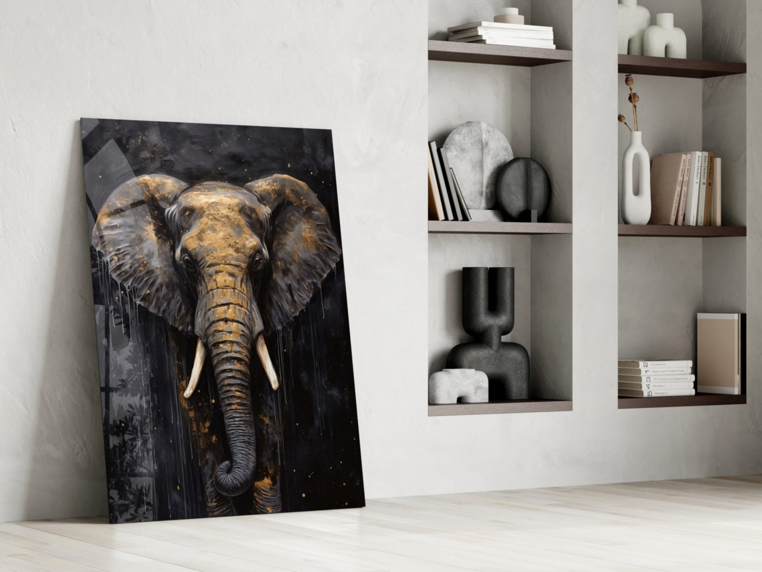 Gold Leaf Elephant Head Black Glass Wall Art