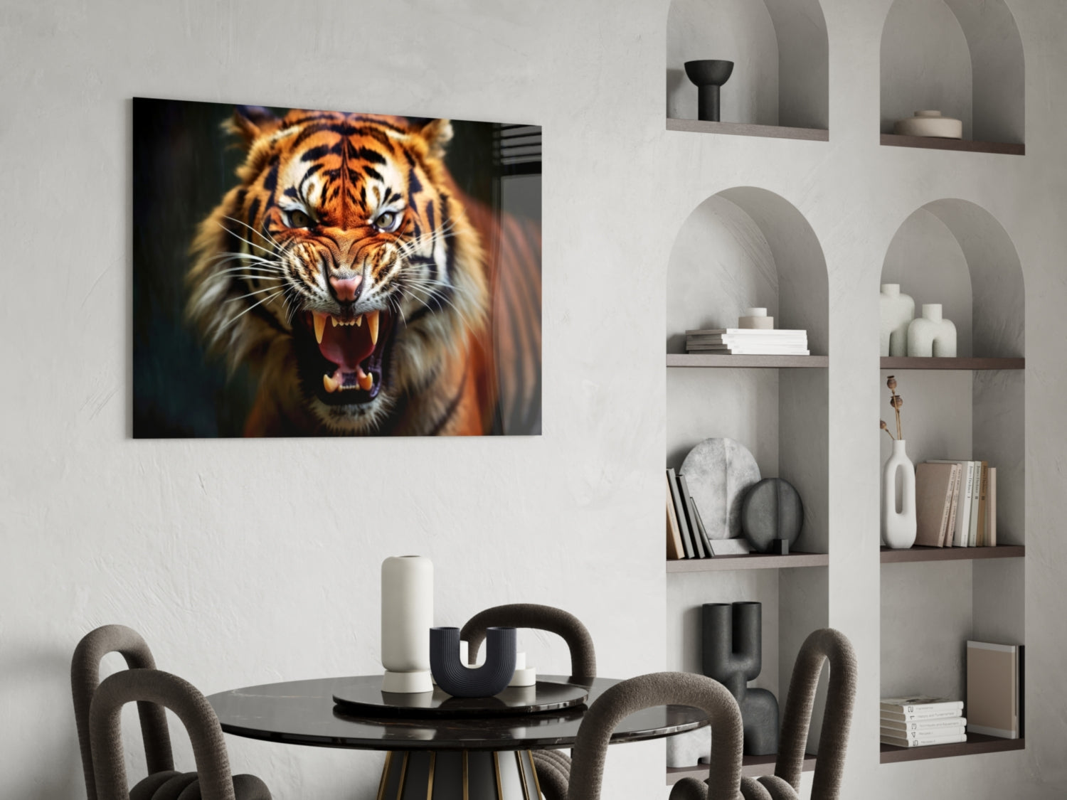 Snarling Fanged Tiger Glass Wall Art