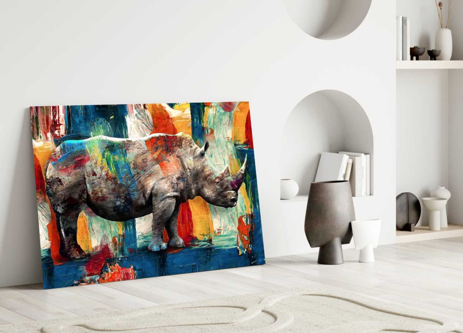 Painted Rhino Color Strokes Glass Wall Art