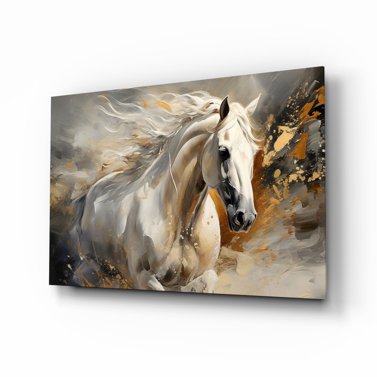 White Horse Gold Splatter Glass Wall Art