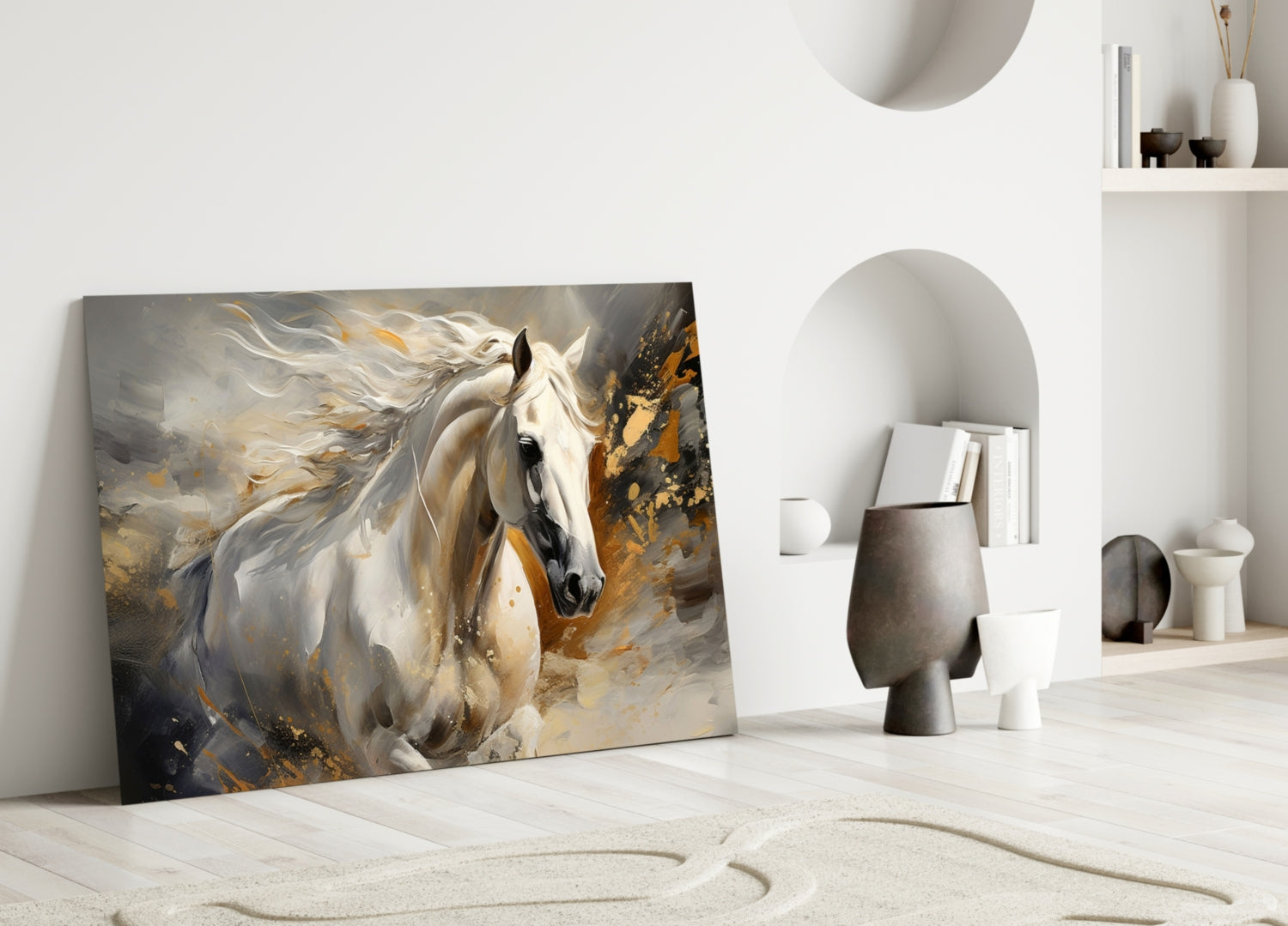 White Horse Gold Splatter Glass Wall Art