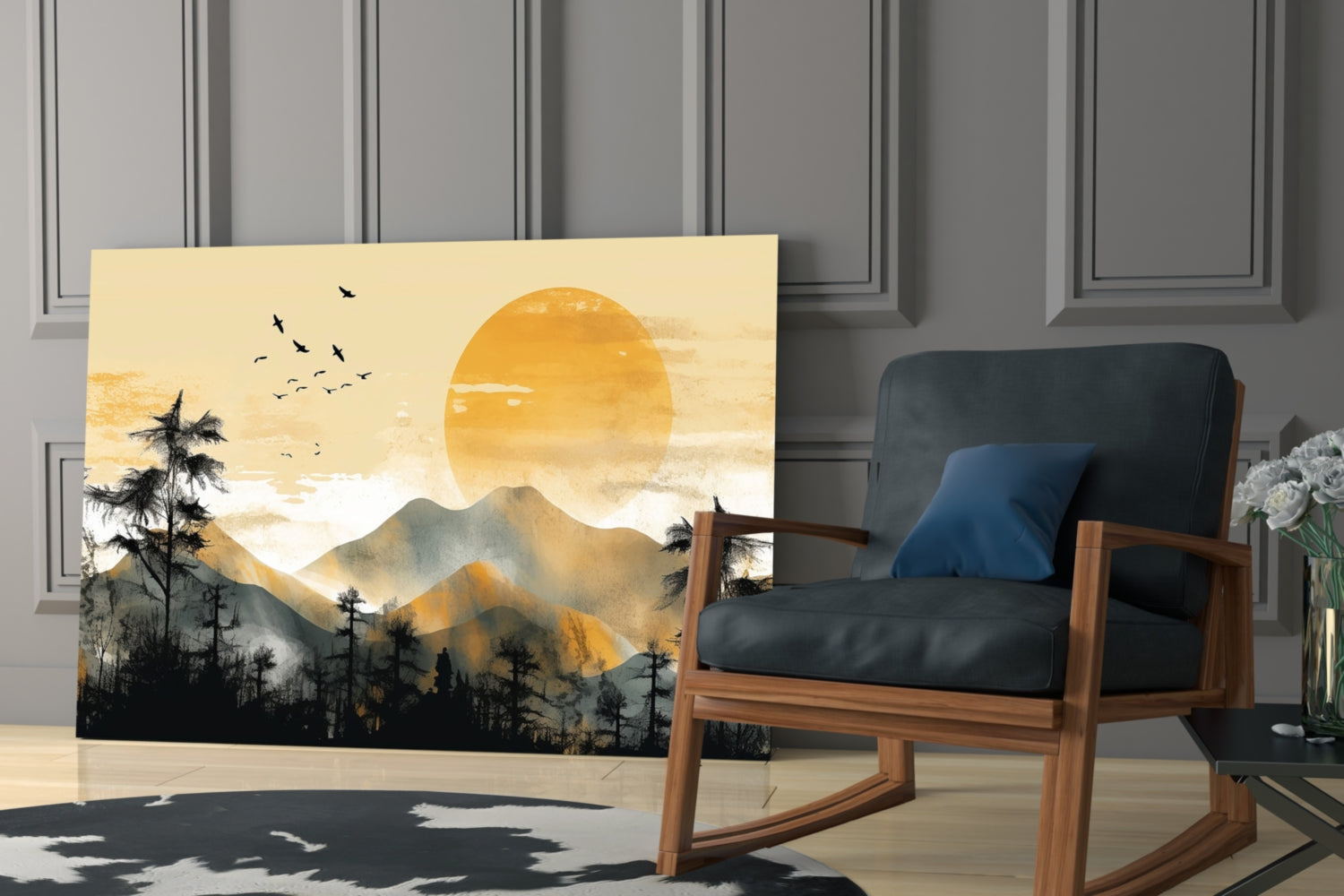 Golden Sun Disc Pine Forest Birds Glass Wall Art