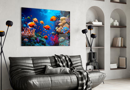 Orange Tropical Fish Coral Reef Glass Wall Art