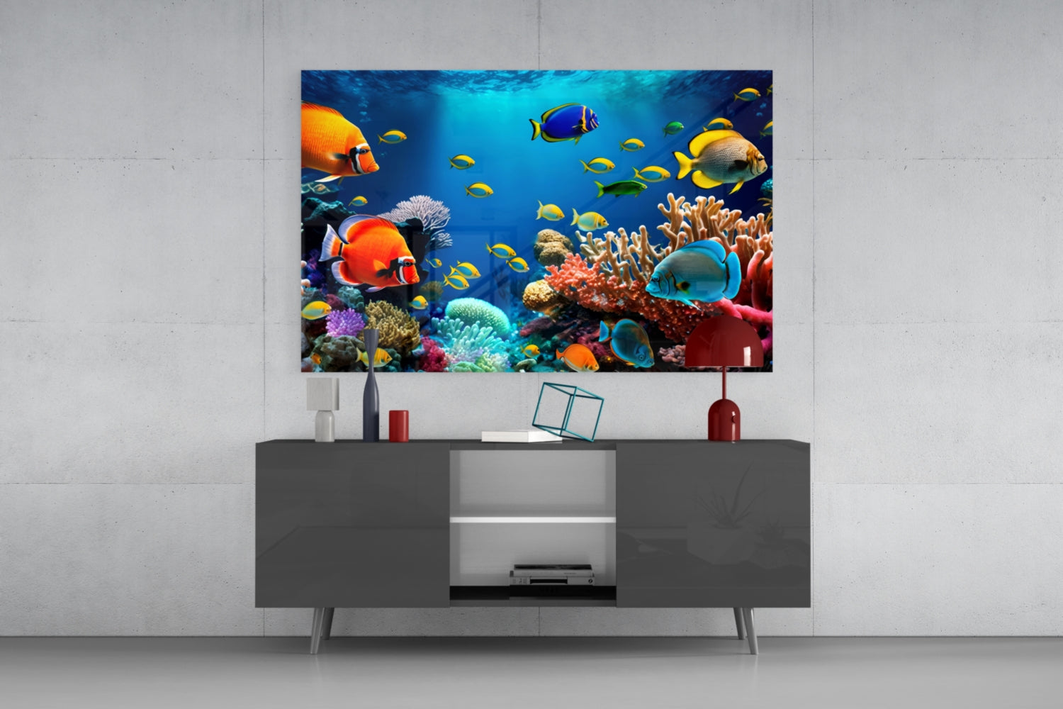 Yellow Tang Shoal Turquoise Reef Glass Wall Art