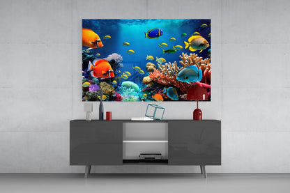 Yellow Tang Shoal Turquoise Reef Glass Wall Art