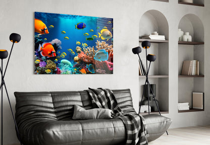 Yellow Tang Shoal Turquoise Reef Glass Wall Art