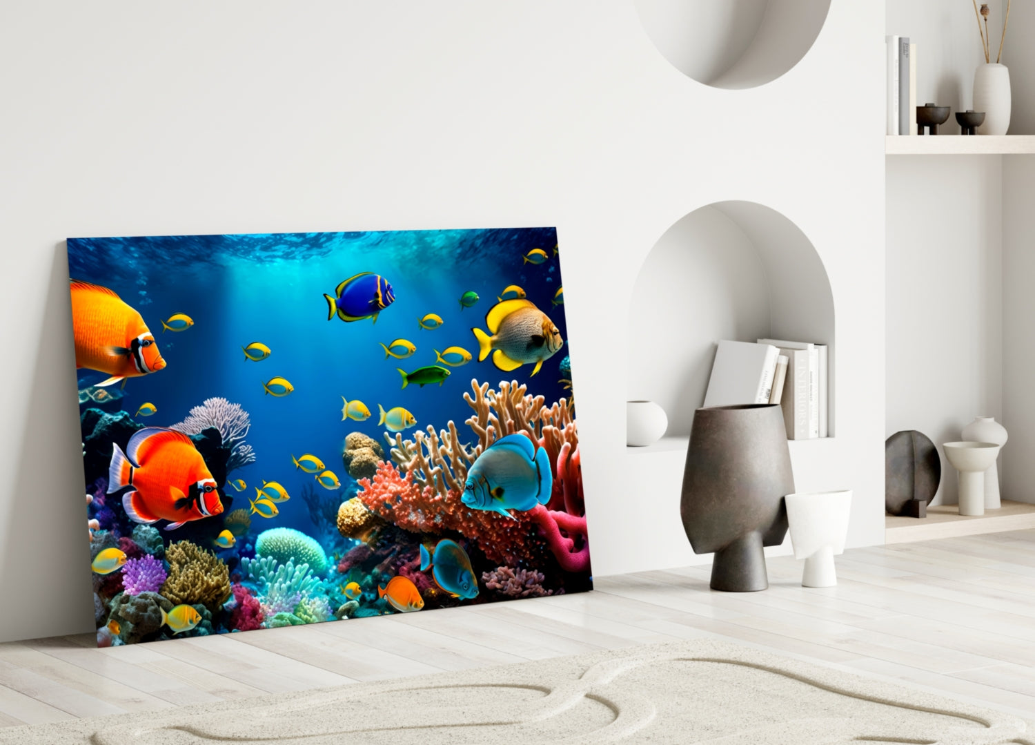 Yellow Tang Shoal Turquoise Reef Glass Wall Art