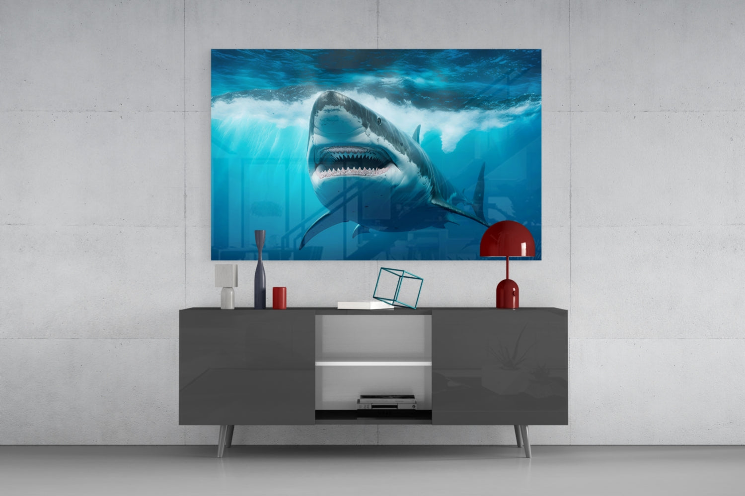 Grinning Shark Below Surface Waves Glass Wall Art