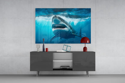 Grinning Shark Below Surface Waves Glass Wall Art