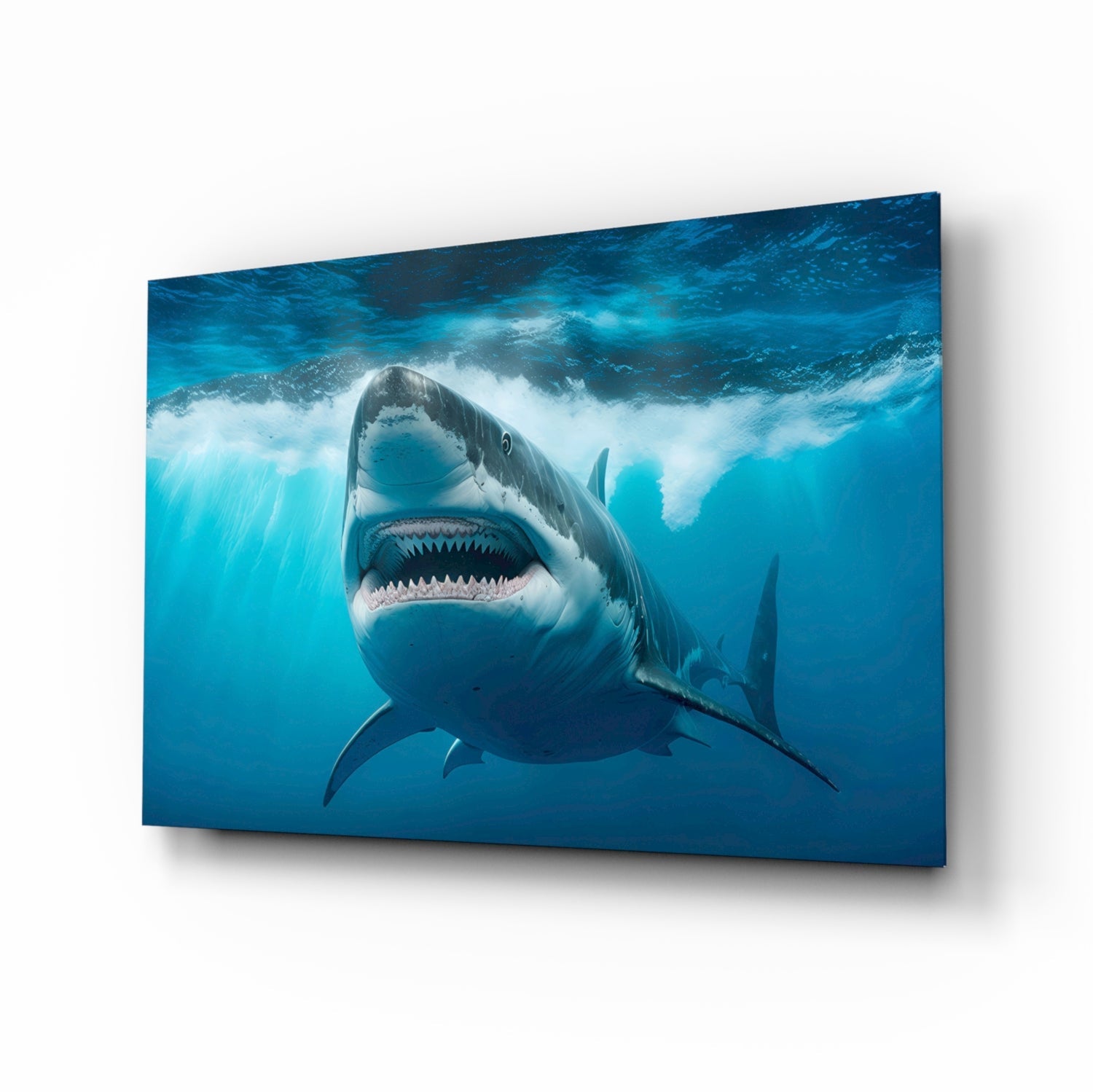 Grinning Shark Below Surface Waves Glass Wall Art