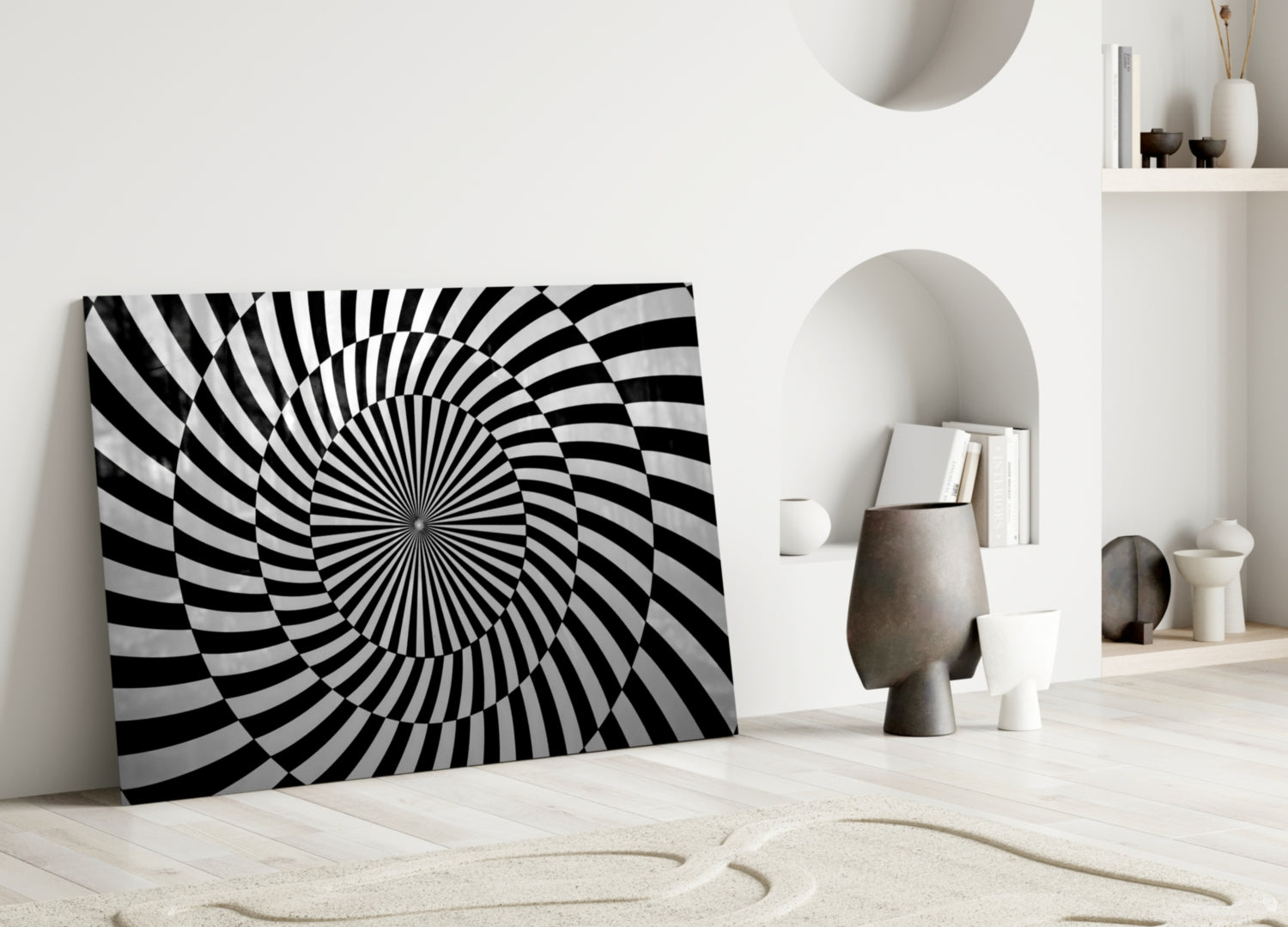 Black and White Optical Spiral Art Glass Wall Art