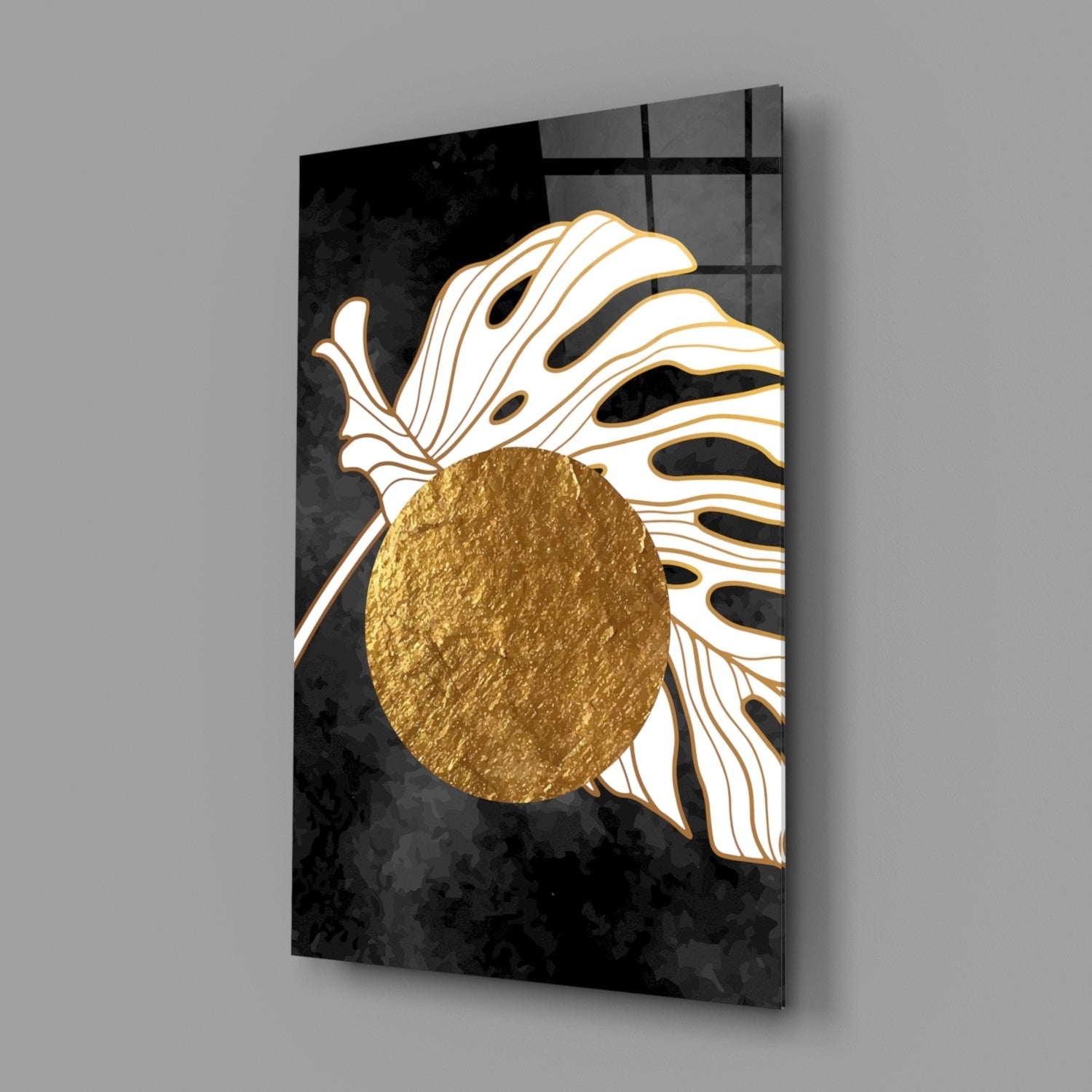 Gold Circle Behind White Monstera Leaf Art Glass Wall Art