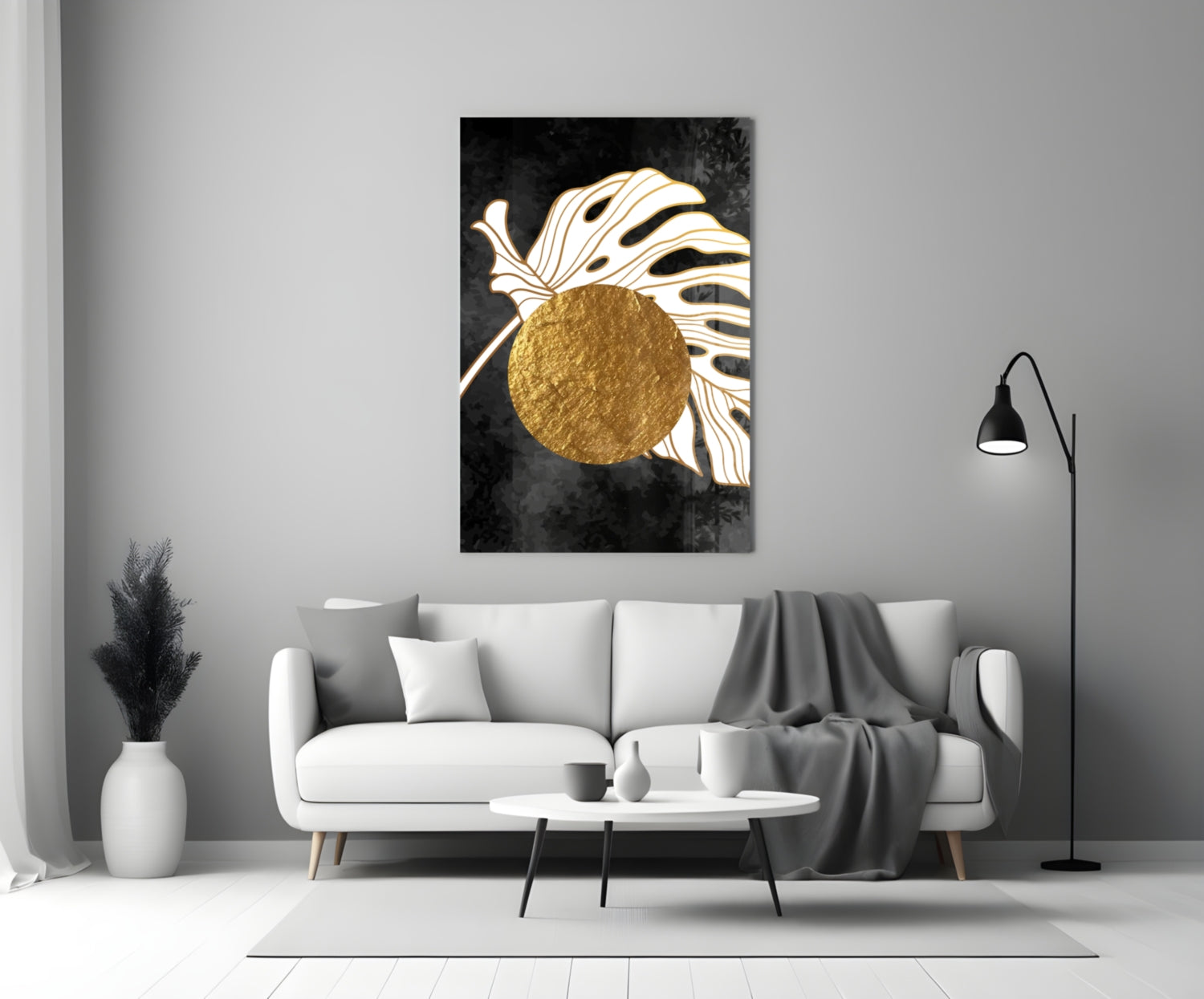 Gold Circle Behind White Monstera Leaf Art Glass Wall Art
