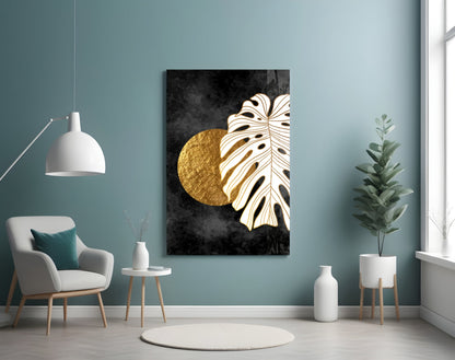 Gold Sun and Side Monstera Leaf Art Glass Wall Art