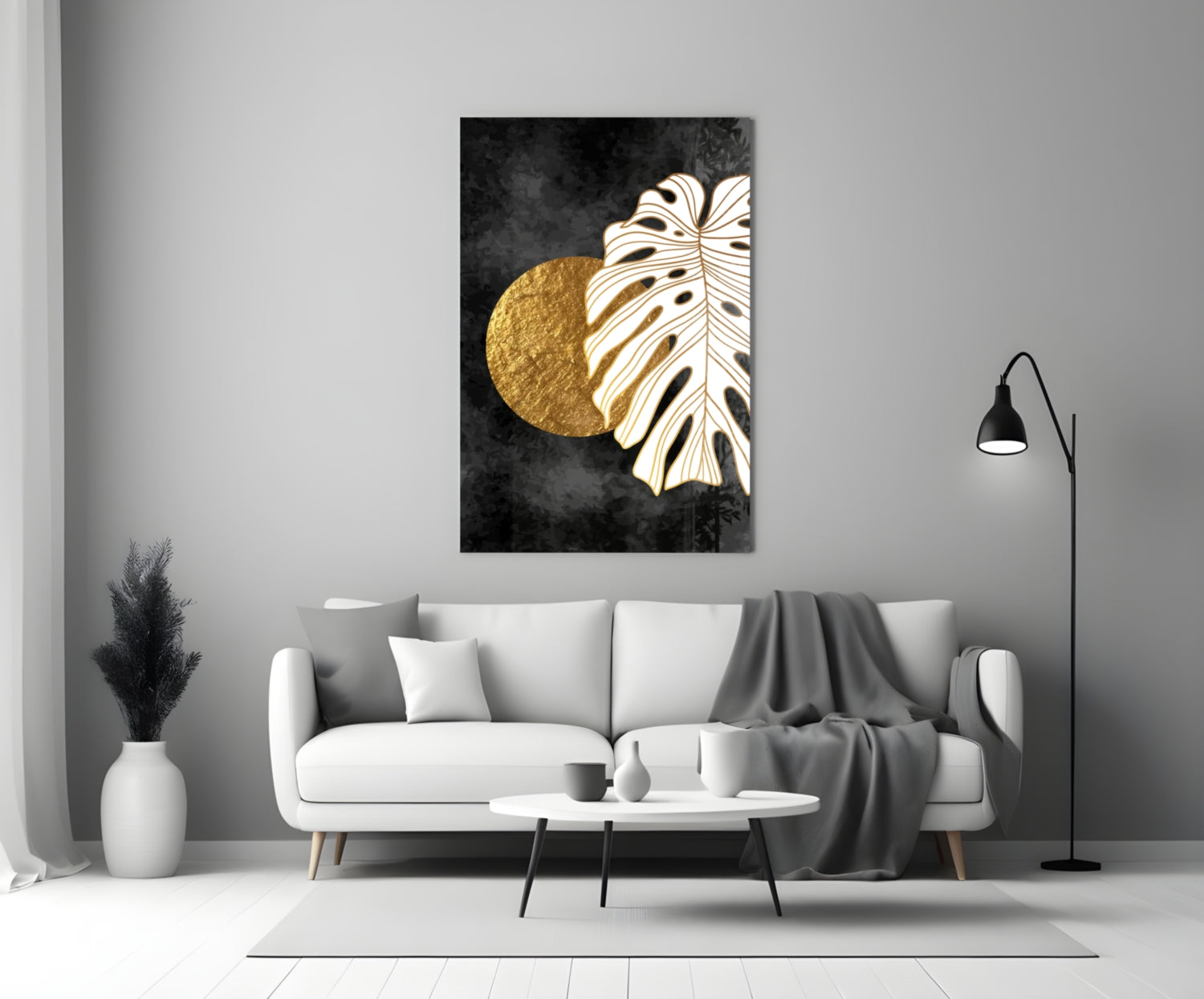 Gold Sun and Side Monstera Leaf Art Glass Wall Art
