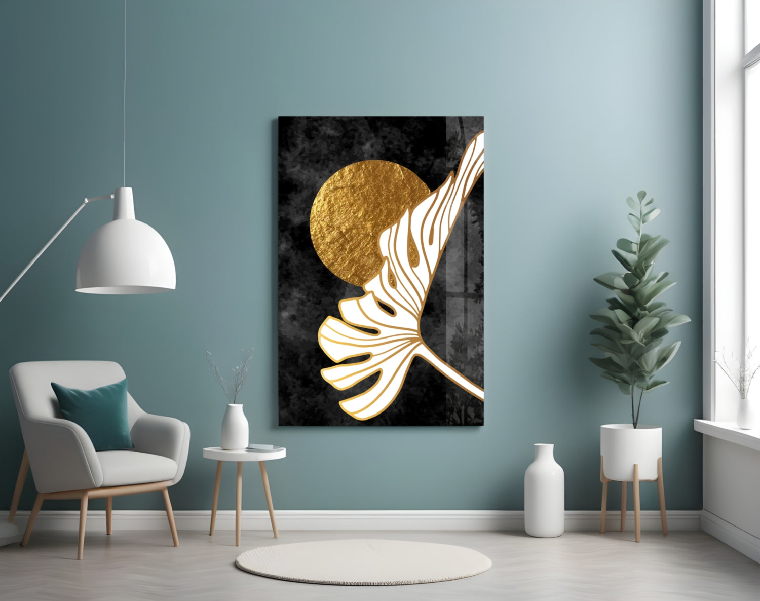 Gold Moon With Sweeping Palm Leaf Art Glass Wall Art