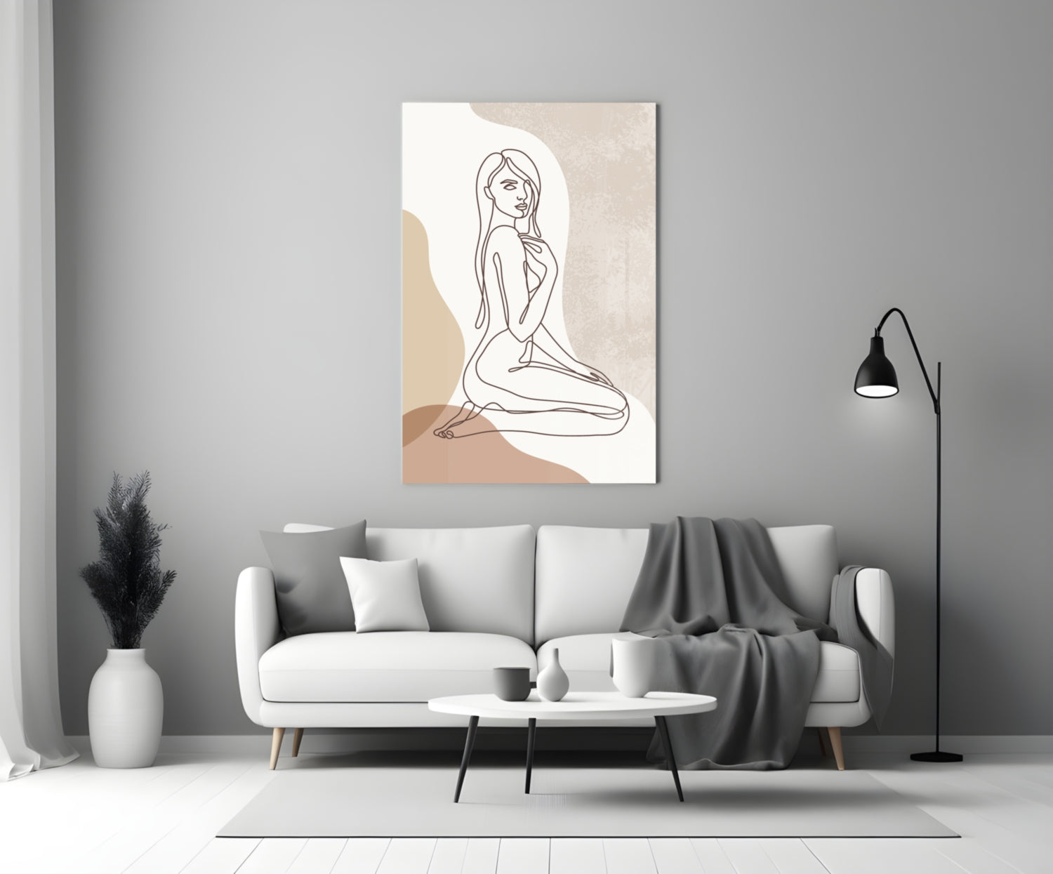 Kneeling Nude Woman Line Art Glass Wall Art
