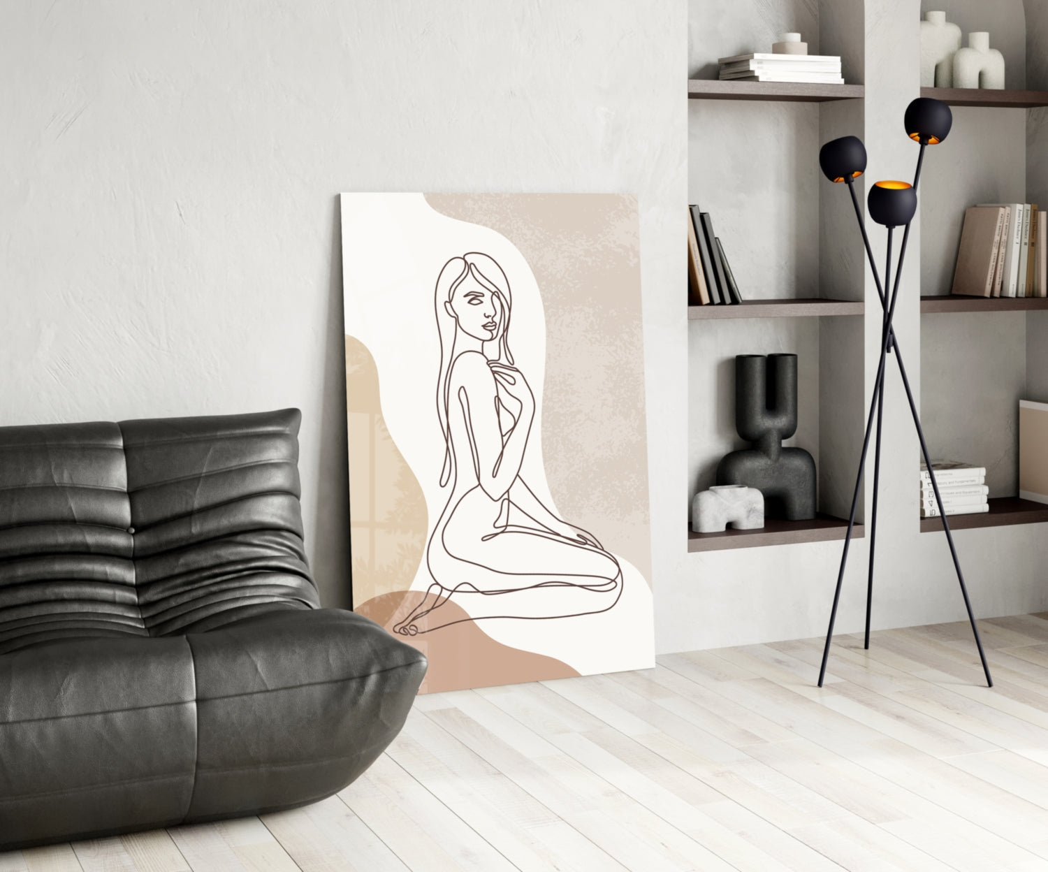 Kneeling Nude Woman Line Art Glass Wall Art