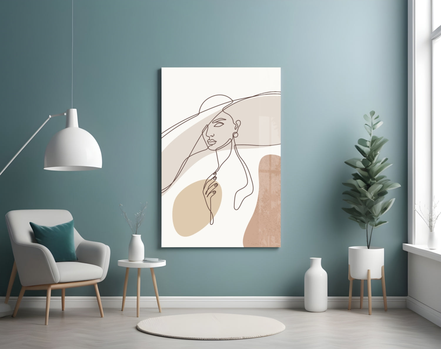 Sun Hat Woman Earring Line Glass Wall Art